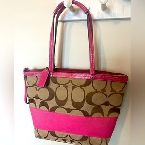 Coach Pink & Brown Signature Medium Shoulder
Tote Handbag